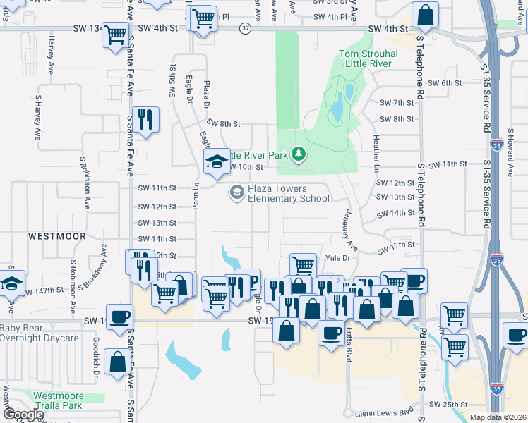 map of restaurants, bars, coffee shops, grocery stores, and more near 1312 Eagle Drive in Moore