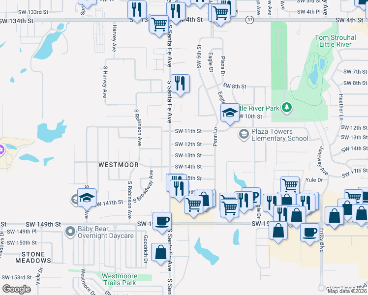 map of restaurants, bars, coffee shops, grocery stores, and more near 1001 Southwest 13th Street in Moore