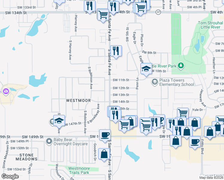 map of restaurants, bars, coffee shops, grocery stores, and more near 1025 Southwest 13th Street in Moore