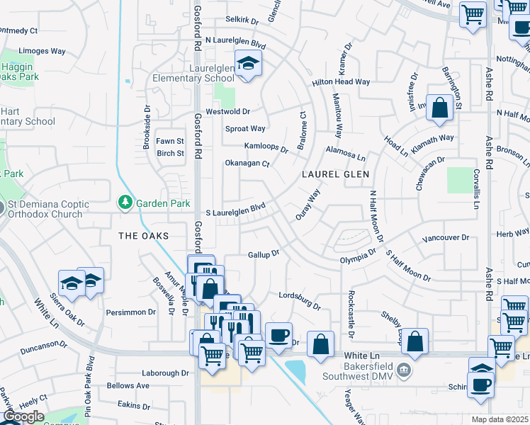 map of restaurants, bars, coffee shops, grocery stores, and more near 7713 South Laurelglen Boulevard in Bakersfield