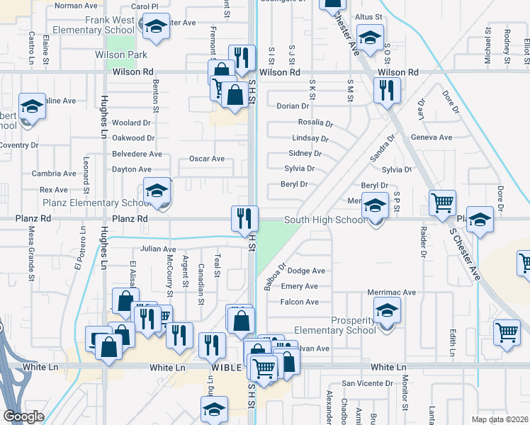 map of restaurants, bars, coffee shops, grocery stores, and more near 1600 Planz Road in Bakersfield