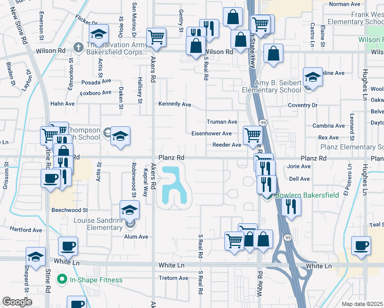 map of restaurants, bars, coffee shops, grocery stores, and more near 3221 Johnson Court in Bakersfield
