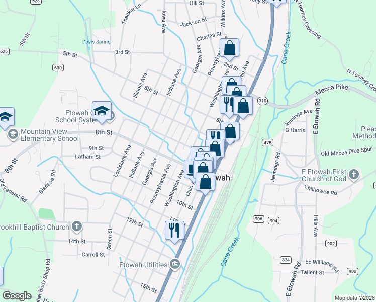 map of restaurants, bars, coffee shops, grocery stores, and more near 723 Pennsylvania Avenue in Etowah