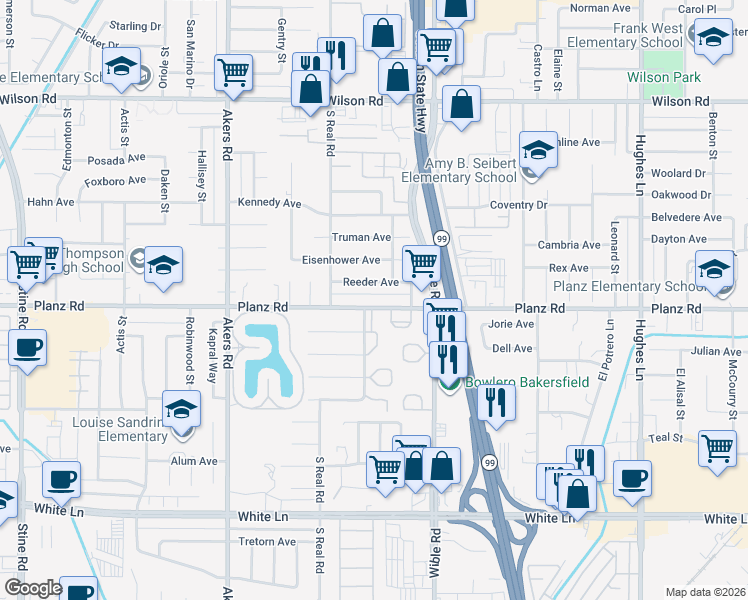 map of restaurants, bars, coffee shops, grocery stores, and more near 3508 Planz Road in Bakersfield