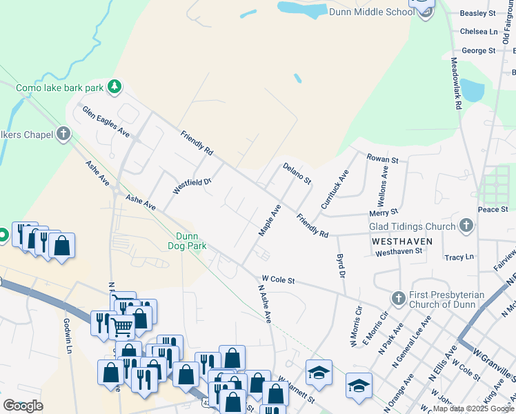 map of restaurants, bars, coffee shops, grocery stores, and more near 108 Bishop Lane in Dunn