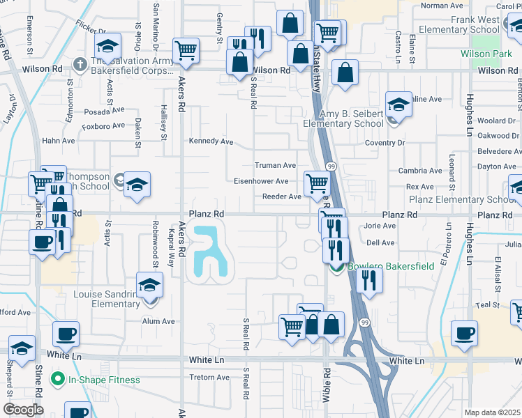 map of restaurants, bars, coffee shops, grocery stores, and more near 3612 Planz Road in Bakersfield