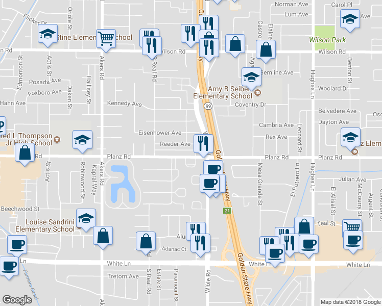 map of restaurants, bars, coffee shops, grocery stores, and more near 3404 Planz Road in Bakersfield