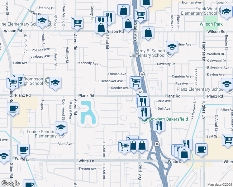 map of restaurants, bars, coffee shops, grocery stores, and more near 3508 Planz Road in Bakersfield