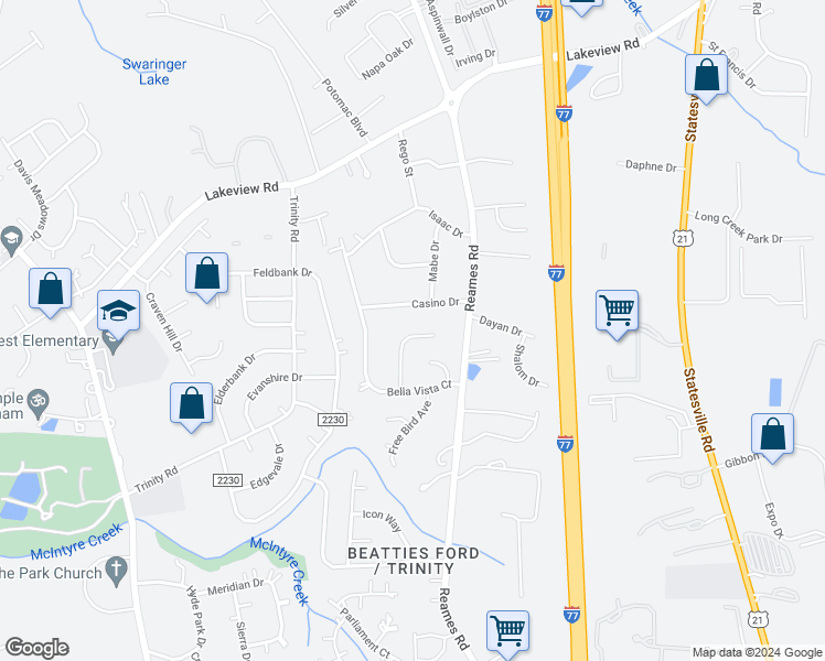 map of restaurants, bars, coffee shops, grocery stores, and more near 7919 Ebony Road in Charlotte