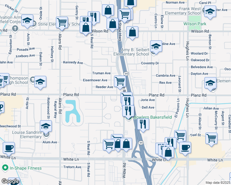 map of restaurants, bars, coffee shops, grocery stores, and more near 3400 Planz Road in Bakersfield