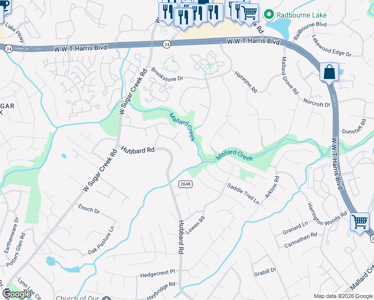 map of restaurants, bars, coffee shops, grocery stores, and more near 7100 Toxaway Lane in Charlotte