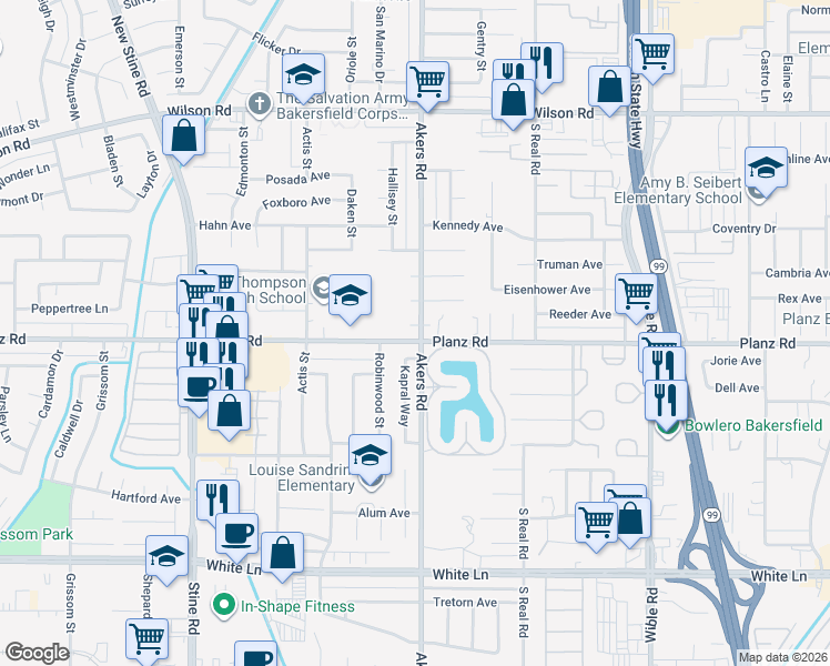 map of restaurants, bars, coffee shops, grocery stores, and more near 3213 Akers Road in Bakersfield