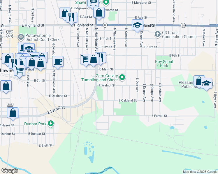 map of restaurants, bars, coffee shops, grocery stores, and more near 208 South Dixon Avenue in Shawnee