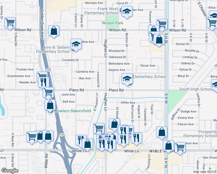 map of restaurants, bars, coffee shops, grocery stores, and more near 2312 Planz Road in Bakersfield