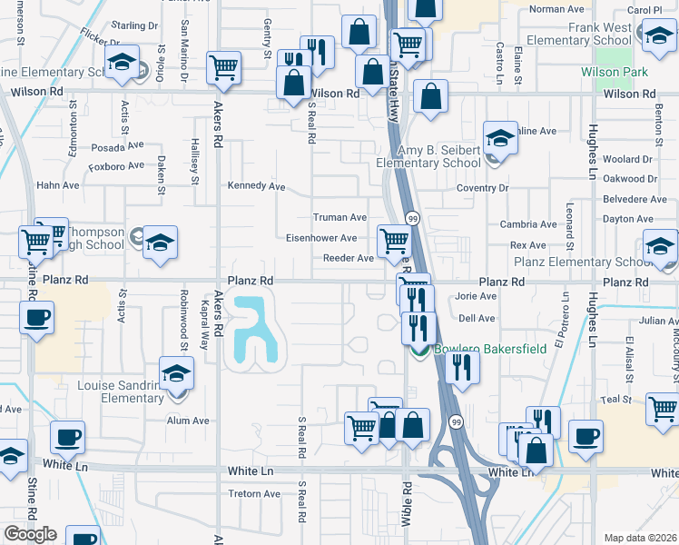 map of restaurants, bars, coffee shops, grocery stores, and more near 3508 Planz Road in Bakersfield