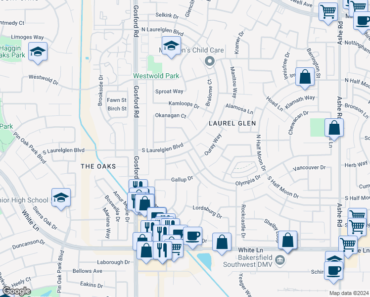 map of restaurants, bars, coffee shops, grocery stores, and more near 7713 South Laurelglen Boulevard in Bakersfield