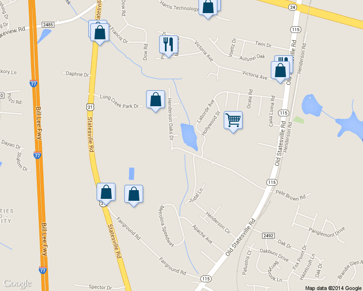 map of restaurants, bars, coffee shops, grocery stores, and more near 7127 Henderson Valley Lane in Charlotte