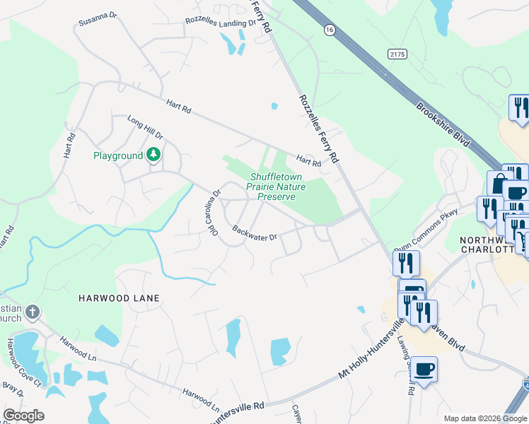 map of restaurants, bars, coffee shops, grocery stores, and more near 2716 Winding River Drive in Charlotte
