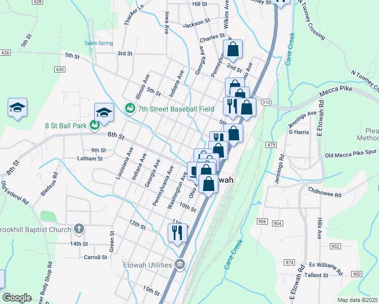 map of restaurants, bars, coffee shops, grocery stores, and more near 723 Pennsylvania Avenue in Etowah