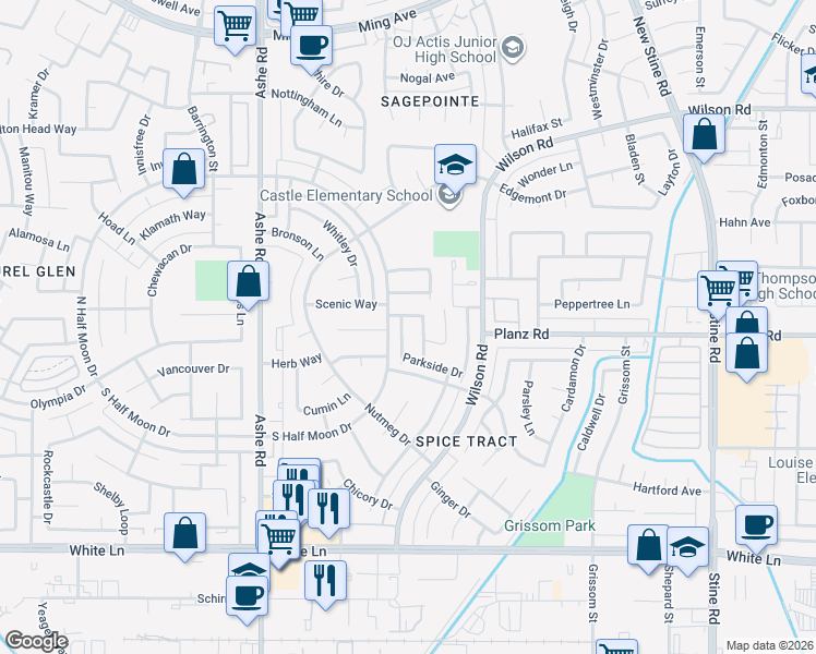 map of restaurants, bars, coffee shops, grocery stores, and more near 3209 Starburst Court in Bakersfield