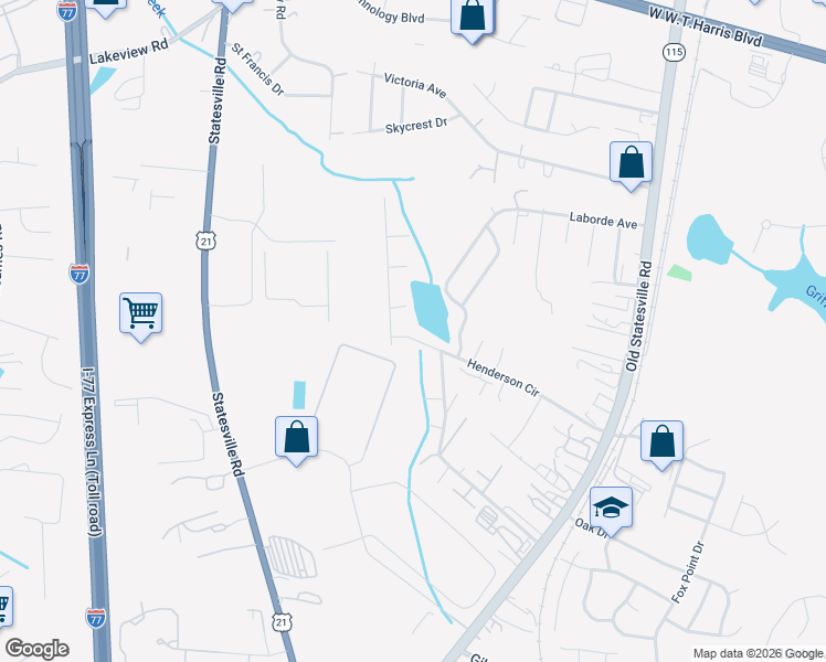 map of restaurants, bars, coffee shops, grocery stores, and more near 7127 Henderson Valley Lane in Charlotte