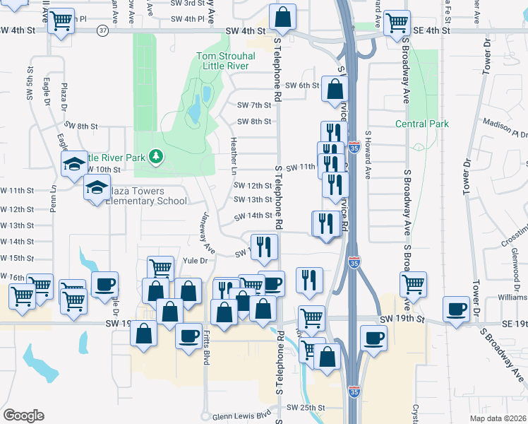map of restaurants, bars, coffee shops, grocery stores, and more near 615 Southwest 14th Street in Moore