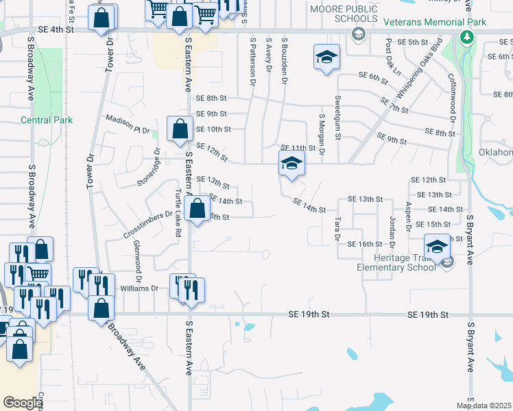 map of restaurants, bars, coffee shops, grocery stores, and more near 1504 Autumn Drive in Moore