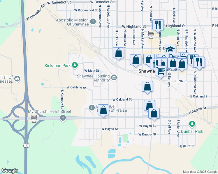 map of restaurants, bars, coffee shops, grocery stores, and more near 217 South Aydelotte Avenue in Shawnee