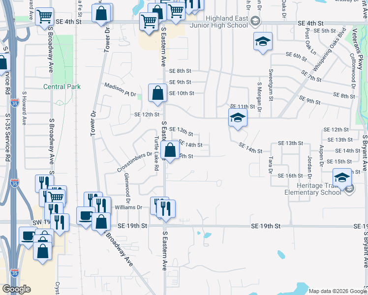 map of restaurants, bars, coffee shops, grocery stores, and more near 833 Southeast 15th Street in Moore