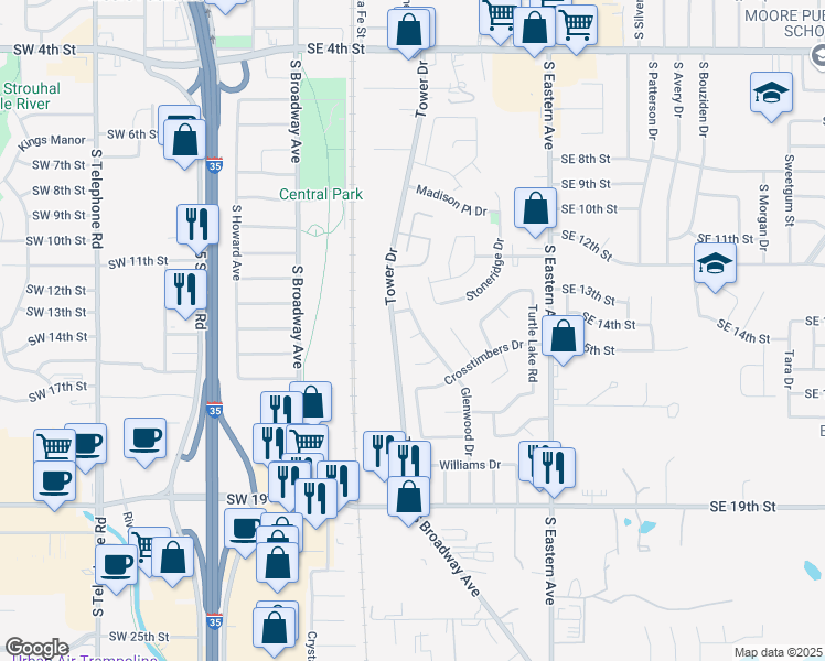 map of restaurants, bars, coffee shops, grocery stores, and more near 1413 Glenwood Drive in Moore