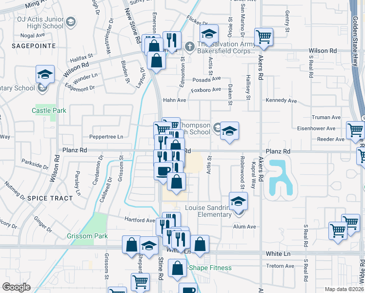 map of restaurants, bars, coffee shops, grocery stores, and more near 4704 Planz Road in Bakersfield