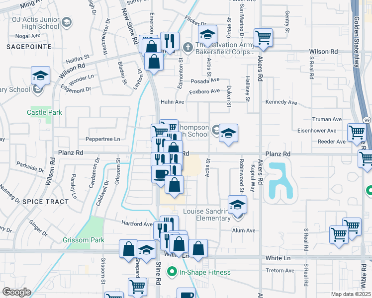 map of restaurants, bars, coffee shops, grocery stores, and more near 4612 Planz Road in Bakersfield