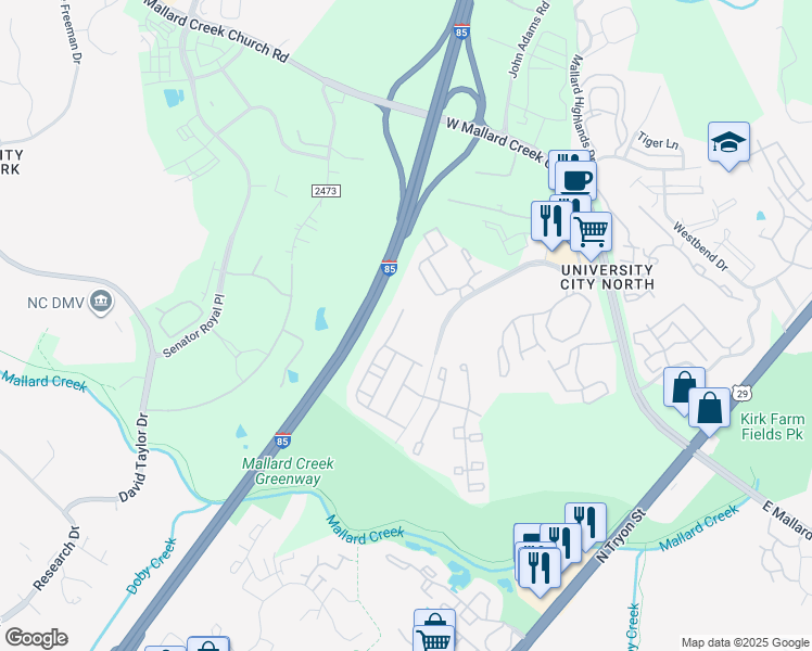 map of restaurants, bars, coffee shops, grocery stores, and more near 729 Potenza Drive in Charlotte
