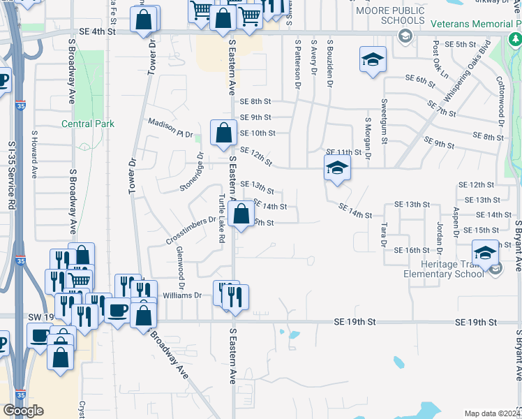 map of restaurants, bars, coffee shops, grocery stores, and more near 824 Southeast 14th Street in Moore