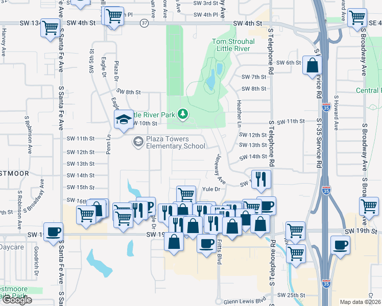 map of restaurants, bars, coffee shops, grocery stores, and more near 747 Southwest 13th Street in Moore