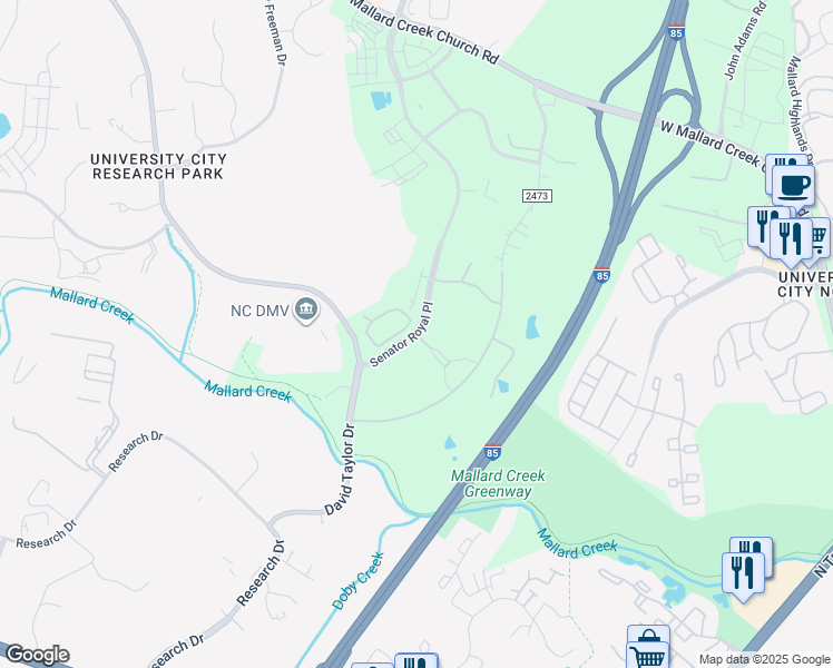 map of restaurants, bars, coffee shops, grocery stores, and more near 8502 Senator Royall Drive in Charlotte