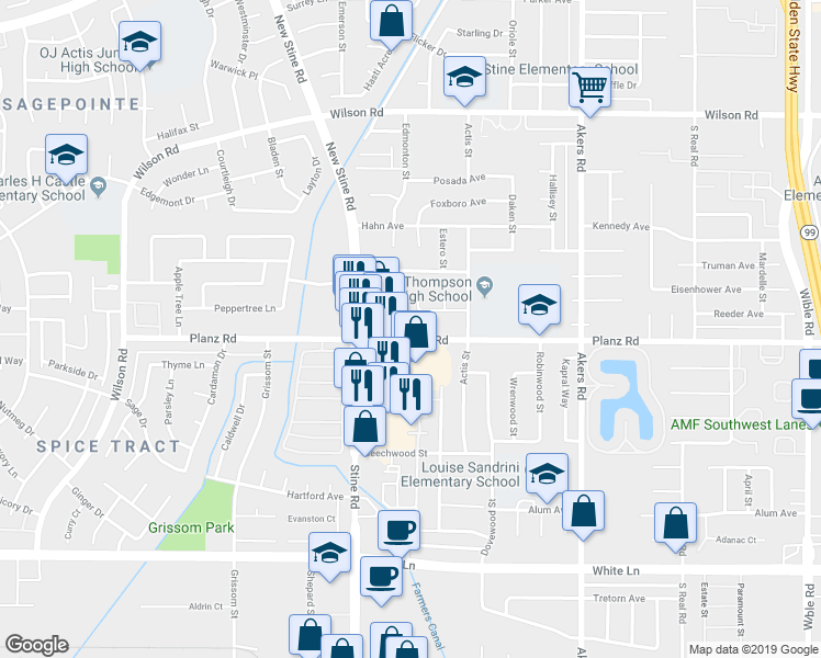 map of restaurants, bars, coffee shops, grocery stores, and more near 4704 Planz Road in Bakersfield