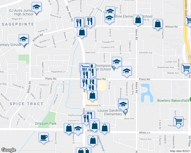 map of restaurants, bars, coffee shops, grocery stores, and more near 4704 Planz Road in Bakersfield