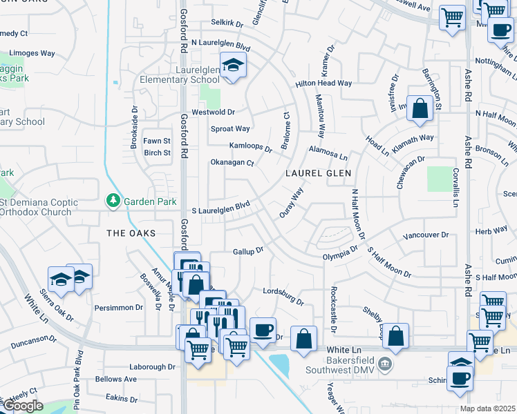 map of restaurants, bars, coffee shops, grocery stores, and more near 7713 South Laurelglen Boulevard in Bakersfield