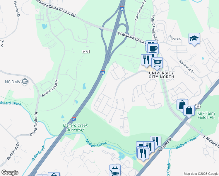 map of restaurants, bars, coffee shops, grocery stores, and more near 729 Potenza Drive in Charlotte