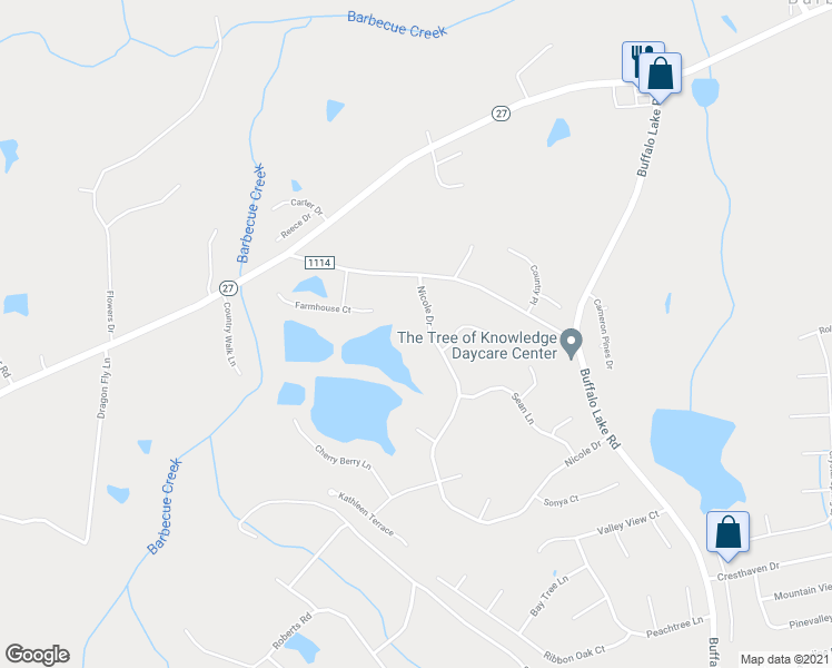 map of restaurants, bars, coffee shops, grocery stores, and more near 102 Nicole Drive in Sanford