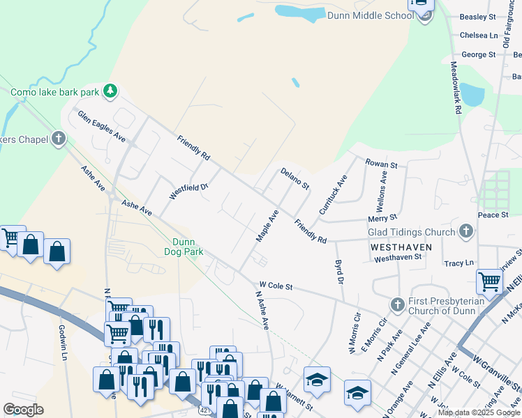 map of restaurants, bars, coffee shops, grocery stores, and more near 108 Bishop Lane in Dunn