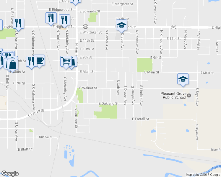 map of restaurants, bars, coffee shops, grocery stores, and more near 1125 East Walnut Street in Shawnee