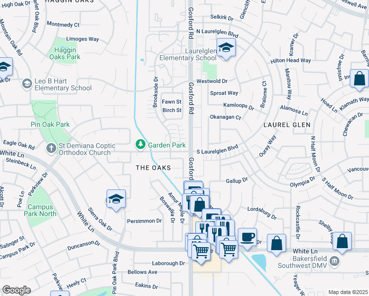 map of restaurants, bars, coffee shops, grocery stores, and more near 3218 Brookfield Loop in Bakersfield