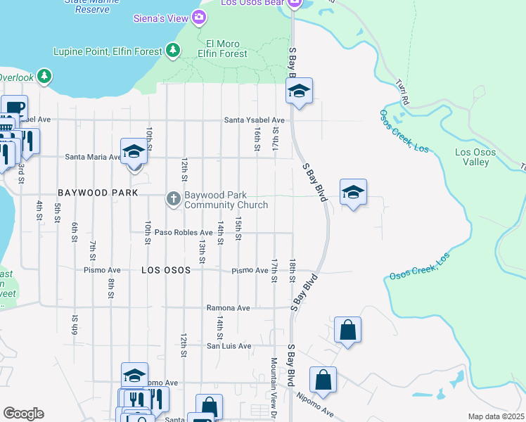map of restaurants, bars, coffee shops, grocery stores, and more near 1488 16th Street in Baywood-Los Osos