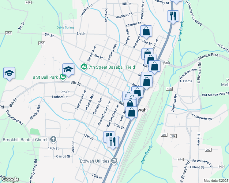 map of restaurants, bars, coffee shops, grocery stores, and more near 715 Pennsylvania Avenue in Etowah