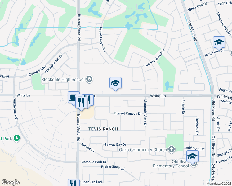 map of restaurants, bars, coffee shops, grocery stores, and more near 2800 Buena Vista Road in Bakersfield