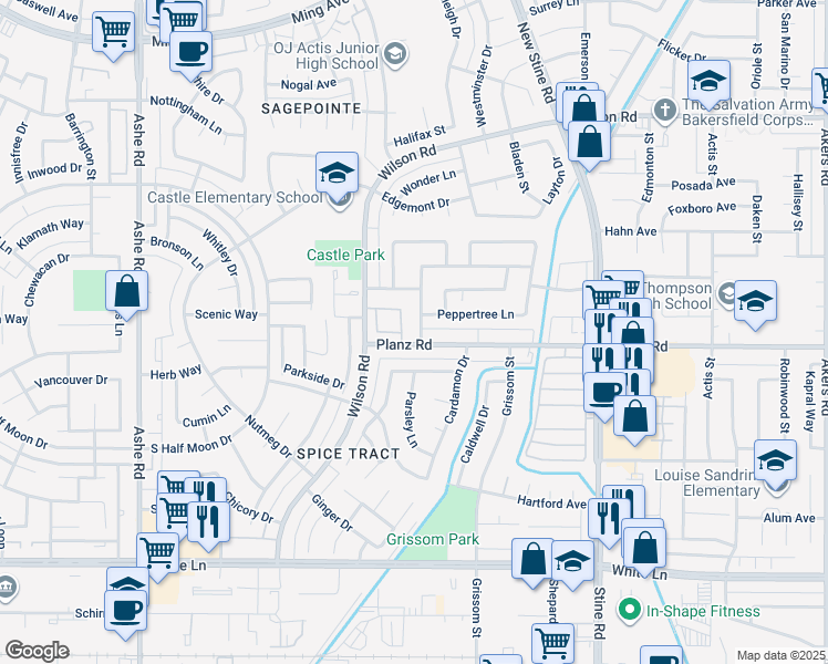 map of restaurants, bars, coffee shops, grocery stores, and more near 5812 Appletree Lane in Bakersfield