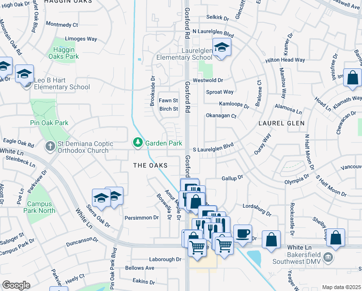 map of restaurants, bars, coffee shops, grocery stores, and more near 3300 Wenham Drive in Bakersfield