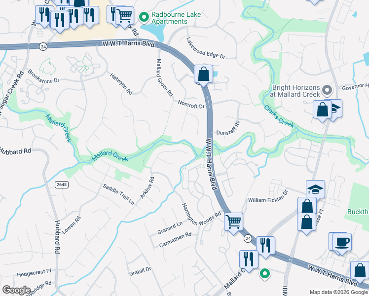 map of restaurants, bars, coffee shops, grocery stores, and more near 3632 Arklow Road in Charlotte